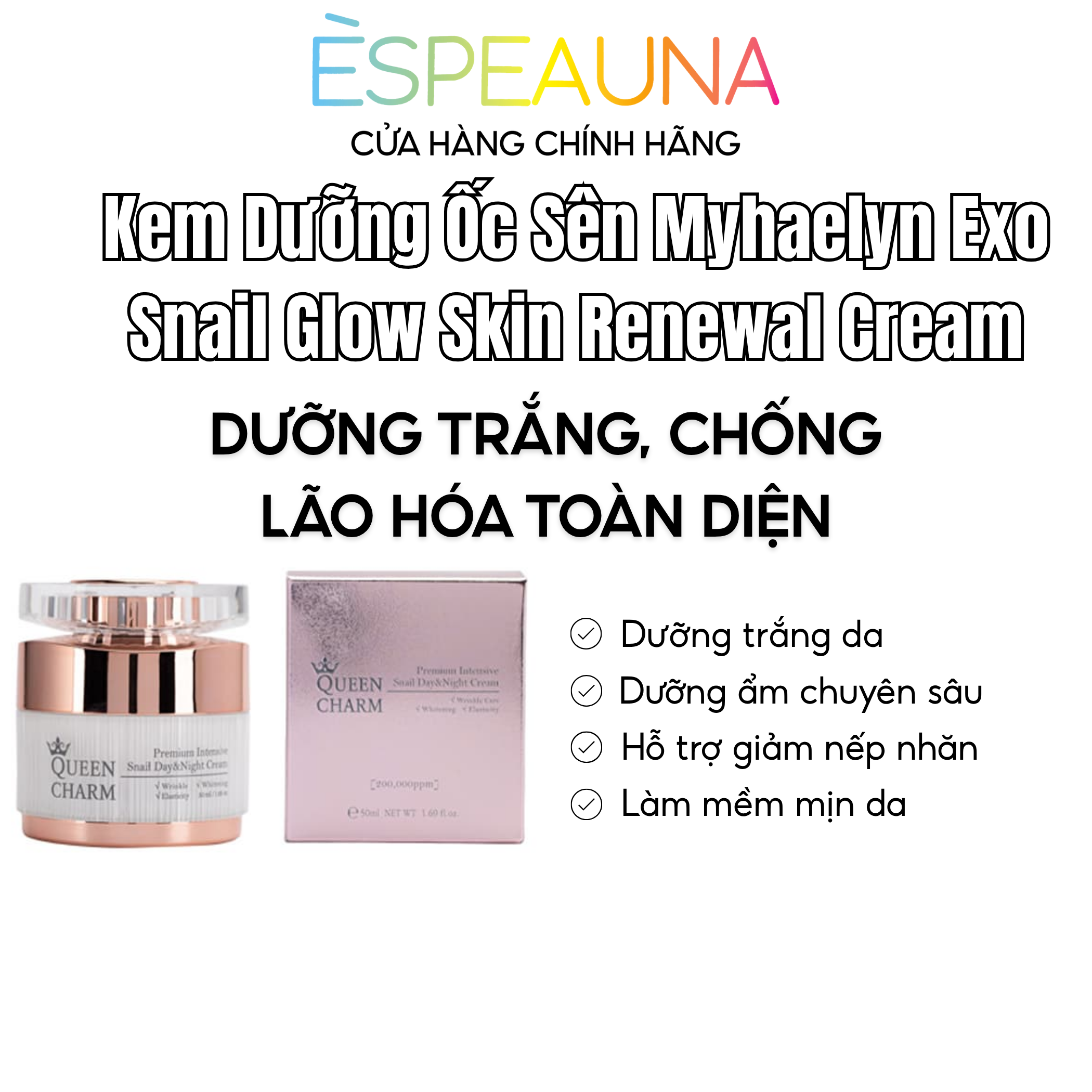 Kem Dưỡng Ốc Sên Queen Charm Premium Intensive Day&Night Cream Hàn Quốc - Dưỡng Trắng, Chống Lão Hóa Toàn Diện