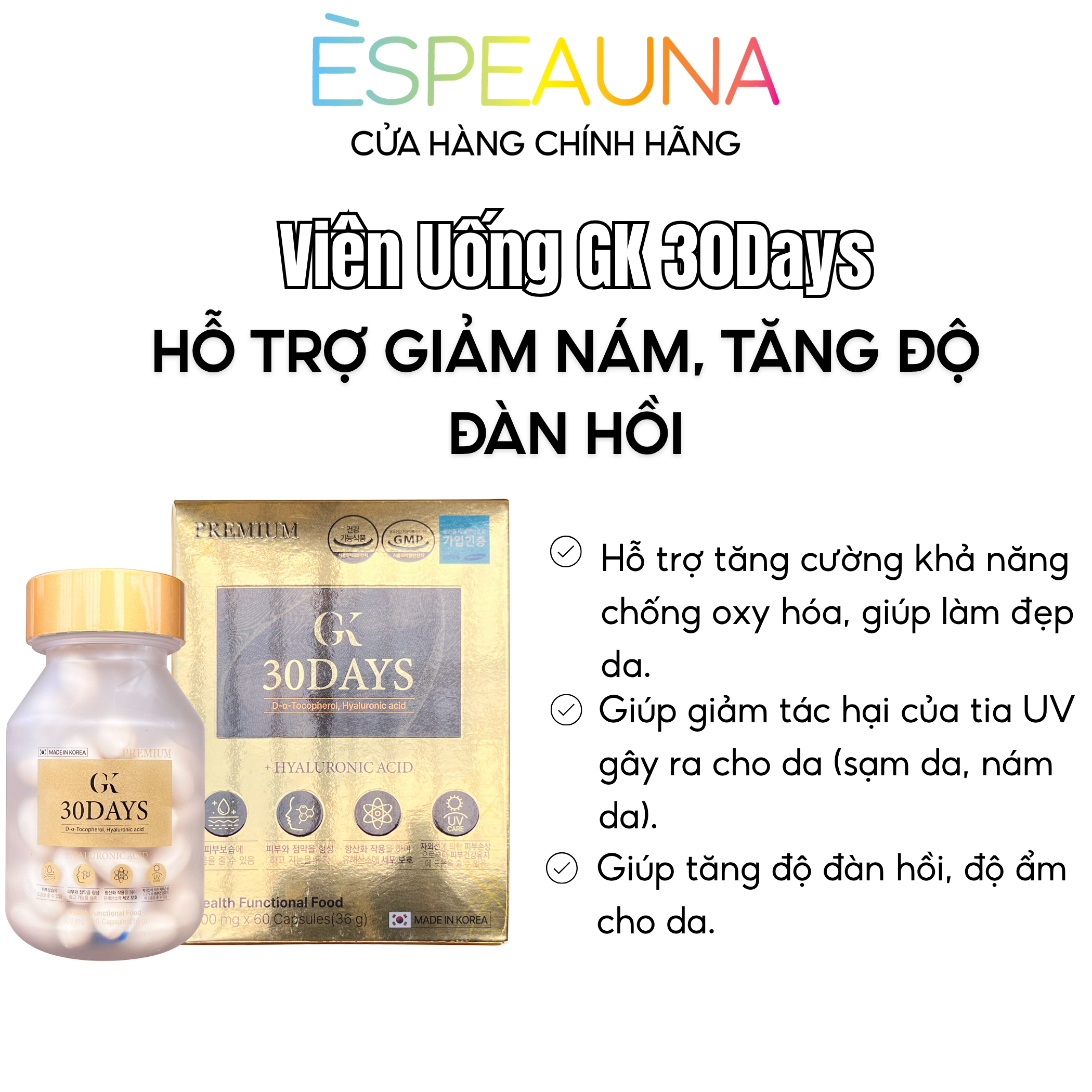 Viên Uống Chống Nắng Nội Sinh GK 30Days - Glutathione & Collagen Giúp Sáng Da, Mờ Nám ☀️
